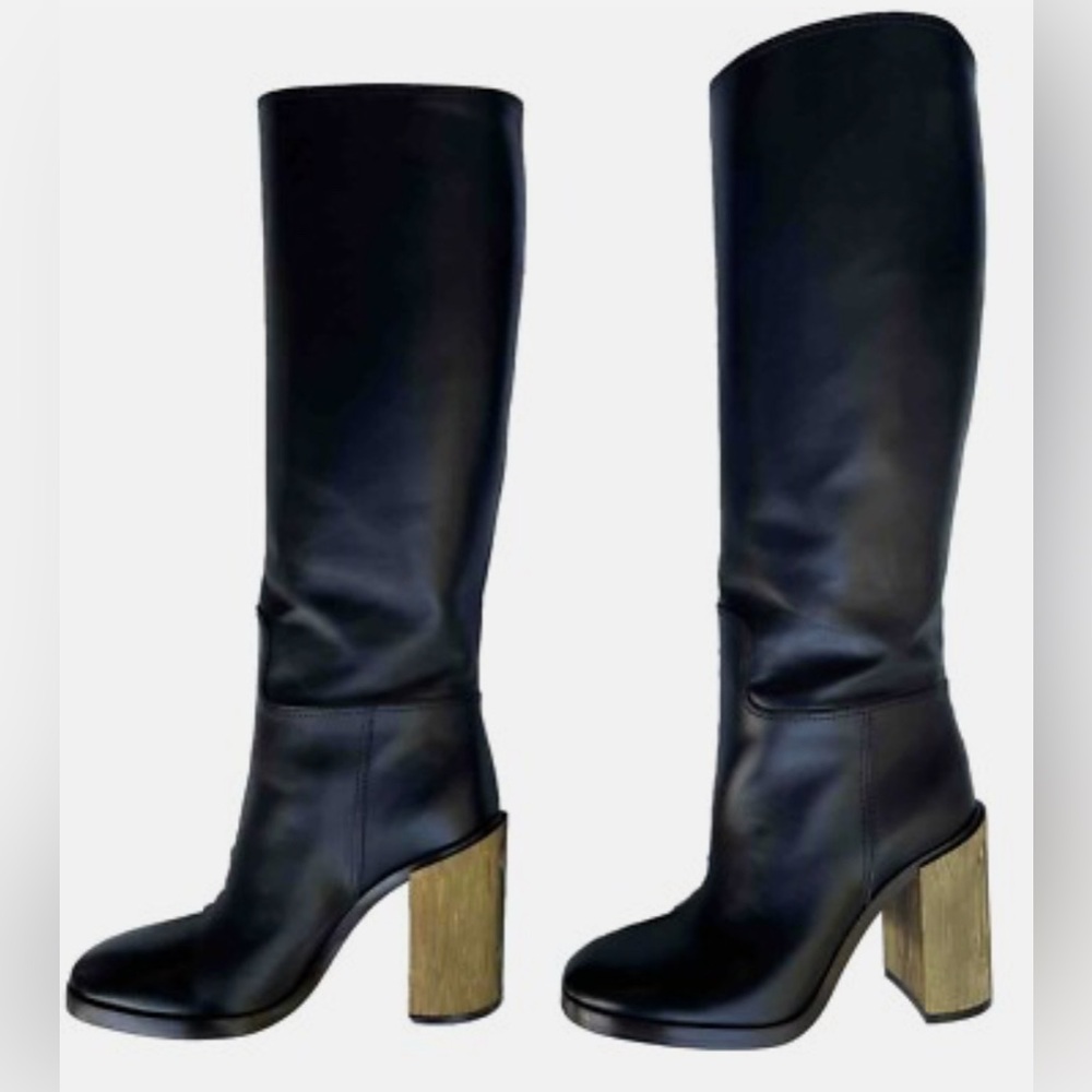 GUCCI NIB Black Leather Knee-High Boots with GOLD Heel Sz 6.5